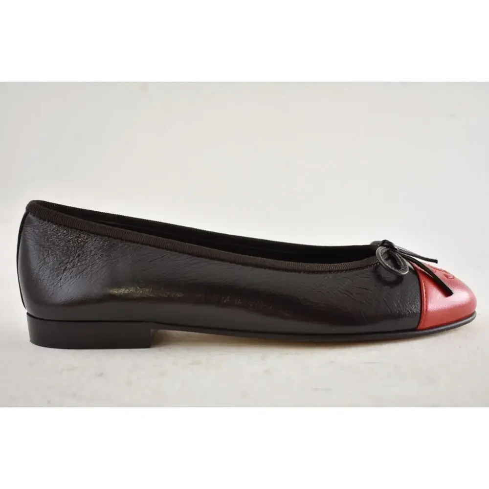 Chanel 26S Dark Brown Red Leather CC Logo Cap Classic Ballet Ballerina Flat 39 - Picture 2 of 16